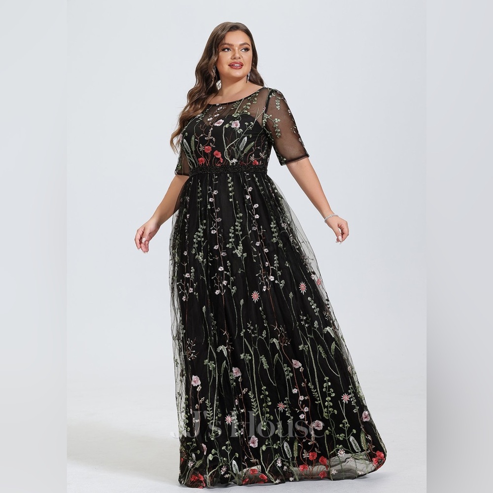 JJ’s House A-line Illusion Scoop Floor-Length Lace Floral Evening Dress - Picture 2 of 10